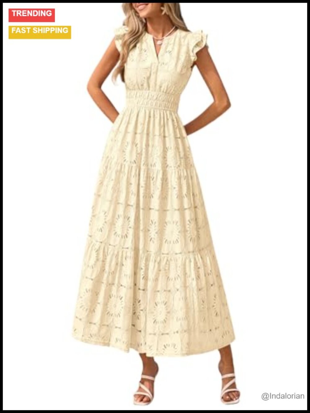 Flutter Sleeve Eyelet Boho Maxi Dress V-Neck Fit Flare Lace Ruffle